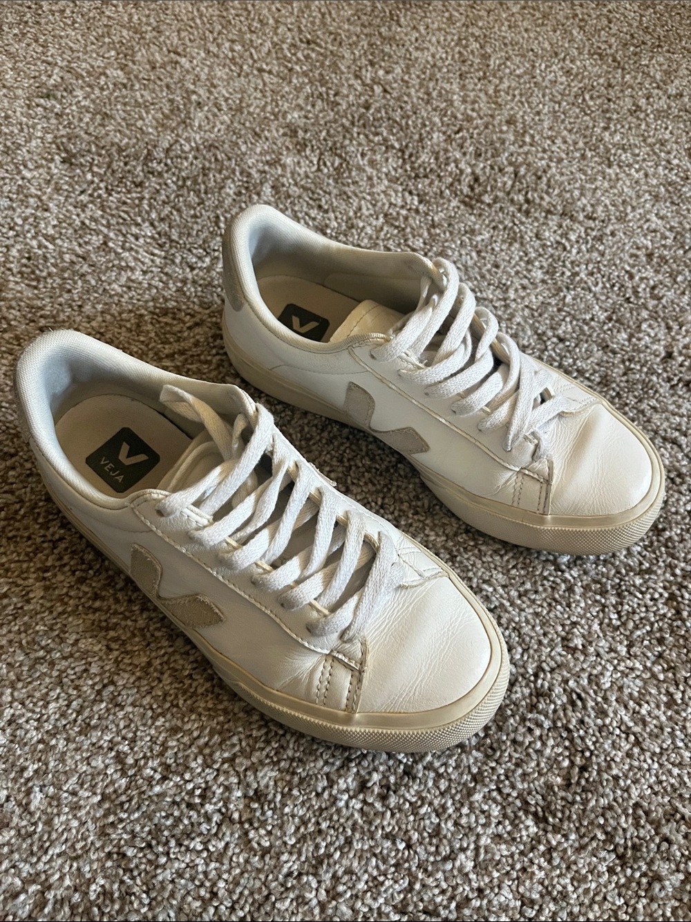 Veja White Low-Top Leather Sneakers with Subtle Gray V Logo